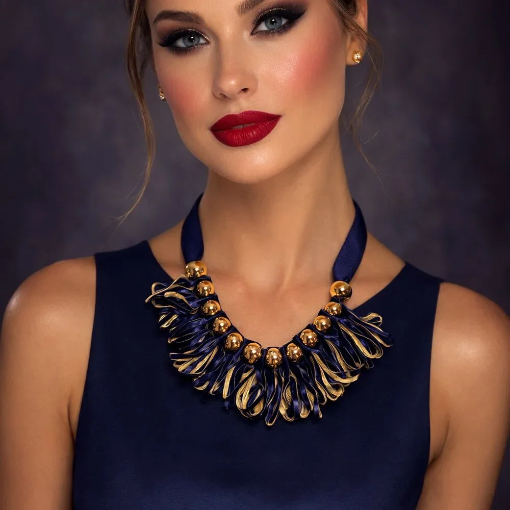 7 Charming Sisters Navy & Gold Statement Necklace NWT Ribbon Fringe Bead Bib Nec